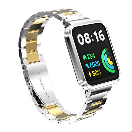 Xiaomi Redmi Watch 2 Lite Uyumlu Kordon Paslanmaz Metal Baklalı Klipsli Zore KRD-60 Kayış Gümüş-Gold