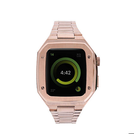 Apple Watch 44mm Uyumlu Kordon Metal Kasa Korumalı Klipsli Luxury Zore KRD-64 Kayış Rose Gold