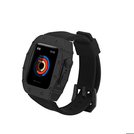 Apple Watch 7 45mm Uyumlu Kordon Metal Kasa Korumalı Silikon Luxury KRD-65 Kayış Siyah
