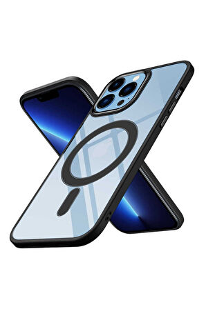 Apple iPhone 13 Pro Uyumlu Kılıf Wireless Şarj Özellikli Zore Krom Magsafe Silikon Kapak Siyah