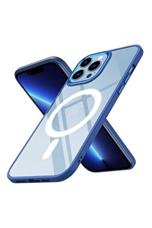 Apple iPhone 13 Pro Uyumlu Kılıf Wireless Şarj Özellikli Zore Krom Magsafe Silikon Kapak Lacivert