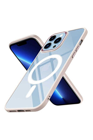 Apple iPhone 13 Pro Max Uyumlu Kılıf Wireless Şarj Özellikli Zore Krom Magsafe Silikon Kapak Pembe Açık