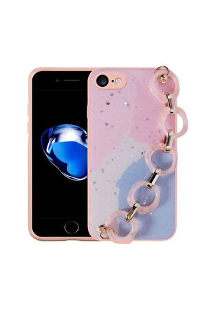 Apple iPhone SE 2022 Uyumlu Kılıf Simli Desenli El Askılı Tutacaklı Zore Elsa Silikon Kapak Pembe