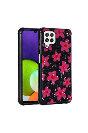 Samsung Galaxy A22 4G Uyumlu Kılıf Simli Desenli Kamera Korumalı Parlak Zore Popy Kapak Çiçek