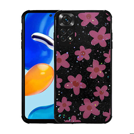 Xiaomi Redmi Note 11 Global Uyumlu Kılıf Simli Desenli Kamera Korumalı Parlak Zore Popy Kapak Çiçek
