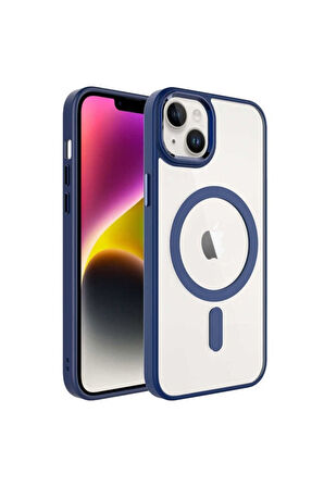 Apple iPhone 14 Plus Uyumlu Kılıf Wireless Şarj Özellikli Zore Krom Magsafe Silikon Kapak Lacivert