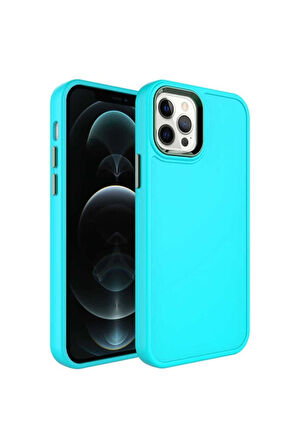 Apple iPhone 12 Pro Uyumlu Kılıf Metal Çerçeve ve Buton Tasarımlı Sert Zore Botox Kapak Turkuaz