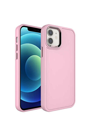 Apple iPhone 12 Uyumlu Kılıf Metal Çerçeve ve Buton Tasarımlı Sert Zore Botox Kapak Pembe Açık