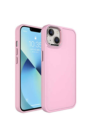 Apple iPhone 14 Uyumlu Kılıf Metal Çerçeve ve Buton Tasarımlı Sert Zore Botox Kapak Pembe Açık