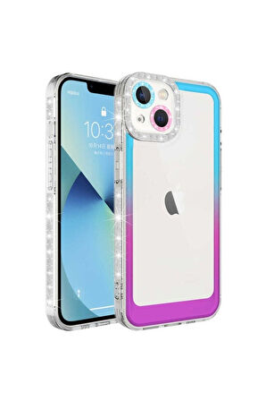 Apple iPhone 14 Plus Uyumlu Kılıf Simli ve Renk Geçiş Tasarımlı Lens Korumalı Zore Park Kapak Mavi-Mor