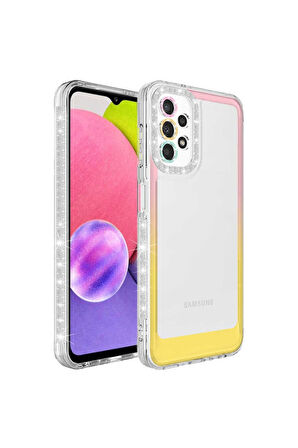 Samsung Galaxy A32 4G Uyumlu Kılıf Simli ve Renk Geçiş Tasarımlı Lens Korumalı Zore Park Kapak Pembe-Sarı
