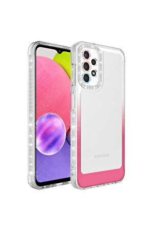 Samsung Galaxy A73 Uyumlu Kılıf Simli ve Renk Geçiş Tasarımlı Lens Korumalı Zore Park Kapak Beyaz-Pembe