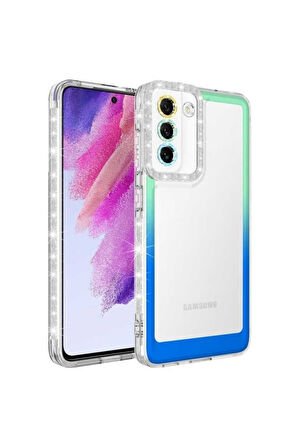 Samsung Galaxy S21 FE Uyumlu Kılıf Simli ve Renk Geçiş Tasarımlı Lens Korumalı Zore Park Kapak Yeşil-Mavi