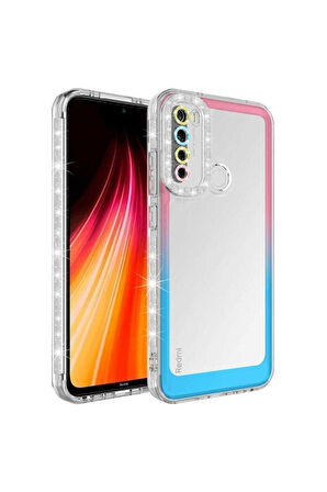 Xiaomi Redmi Note 8 Uyumlu Kılıf Simli ve Renk Geçiş Tasarımlı Lens Korumalı Zore Park Kapak Pembe-Mavi