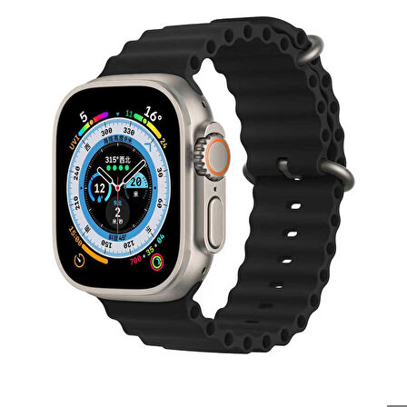 Apple Watch 7 45mm Uyumlu Kordon Ocean Silikon Yumuşak Esnek Metal Tokalı Zore KRD-75 Kayış Siyah