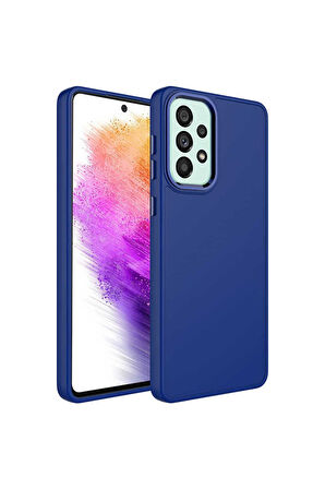 Samsung Galaxy A52 Uyumlu Kılıf Metal Çerçeve ve Buton Tasarımlı Silikon Zore Luna Kapak Lacivert