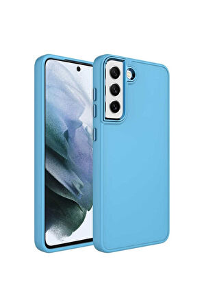 Samsung Galaxy S21 FE Uyumlu Kılıf Metal Çerçeve ve Buton Tasarımlı Silikon Zore Luna Kapak Sierra Mavi
