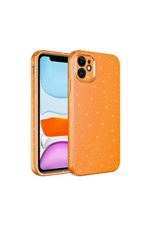 Apple iPhone 12 Uyumlu Kılıf Kamera Korumalı Simli Lüks Zore Koton Kapak Turuncu