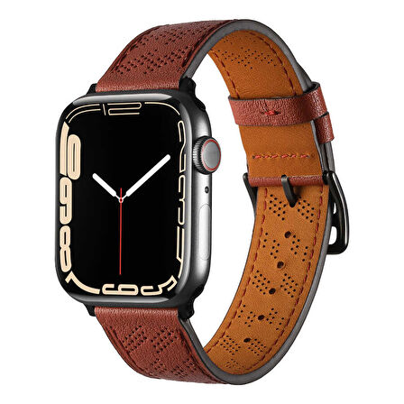 Apple Watch 44mm Uyumlu Kordon Deri Şık Tasarımlı Luxury Strap KRD-76 Kayış Mürdüm