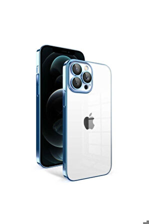 Apple iPhone 12 Pro Max Uyumlu Kılıf Kamera Korumalı Renkli Çerçeveli Zore Garaj Kapak Mavi Açık