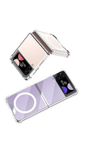 Samsung Galaxy Z Flip 4 Uyumlu Kılıf Wireless Şarj Özellikli Airbagli Zore Kıpta Anti Shock Magsafe Kapak