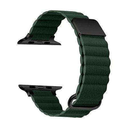Apple Watch Ultra 49mm Uyumlu Kordon PU Deri Bakla Tasarımlı Mıknatıslı KRD-78 Kayış Koyu Yeşil