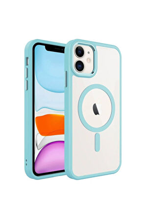 Apple iPhone 11 Uyumlu Kılıf Wireless Şarj Özellikli Zore Krom Magsafe Silikon Kapak Mavi