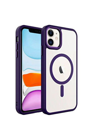 Apple iPhone 11 Uyumlu Kılıf Wireless Şarj Özellikli Zore Krom Magsafe Silikon Kapak Derin Mor