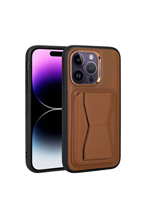 Apple iPhone 14 Pro Uyumlu Kılıf Kartlıklı Standlı Pu Deri Zore Memo Kapak Kahverengi