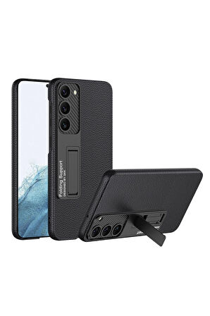 Samsung Galaxy S23 Uyumlu Kılıf Zore Kıpta Standlı Kapak Siyah Litchi