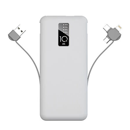 Zore PW-05 Hızlı Şarj Led Göstergeli Micro Lightning Type-C Kablolu Taşınabilir Powerbank 10000mAh Beyaz