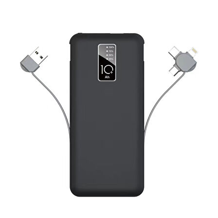 Zore PW-05 Hızlı Şarj Led Göstergeli Micro Lightning Type-C Kablolu Taşınabilir Powerbank 10000mAh Siyah