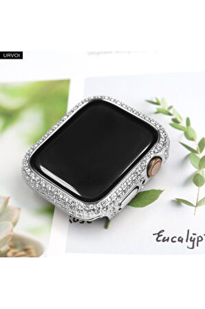 Apple Watch 7 41mm Uyumlu Zore Watch Gard 24 Kenarları Taşlı Sert PC Kasa Ve Ekran Koruyucu Gümüş