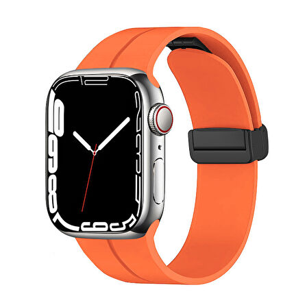 Apple Watch 7 45mm Uyumlu Kordon Silikon Metal Mıknatıslı Toka Zore KRD-84 Kayış Turuncu
