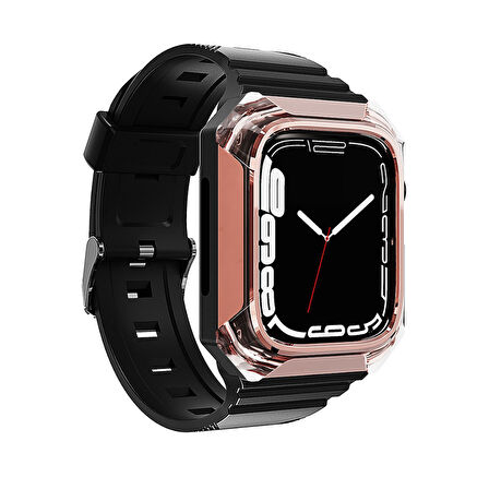Apple Watch 44mm Uyumlu Zore KRD-88 Sert PC Kasa Koruyuculu Silikon Kordon Rose Gold