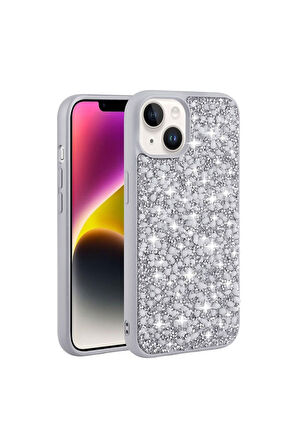 Apple iPhone 14 Plus Uyumlu Kılıf Parlak Taşlı Tasarım Zore Linea Kapak Gümüş