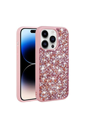 Apple iPhone 14 Pro Max Uyumlu Kılıf Parlak Taşlı Tasarım Zore Linea Kapak Pembe