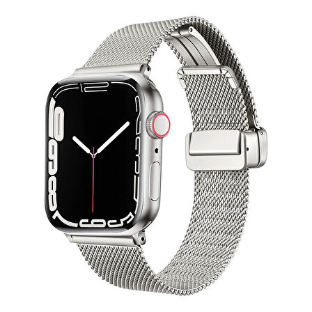 Apple Watch 44mm Uyumlu Kordon Hasır Metal Mıknatıs Tokalı Zore KRD-85 Kayış Gümüş