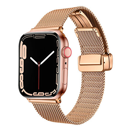 Apple Watch 44mm Uyumlu Kordon Hasır Metal Mıknatıs Tokalı Zore KRD-85 Kayış Rose Gold