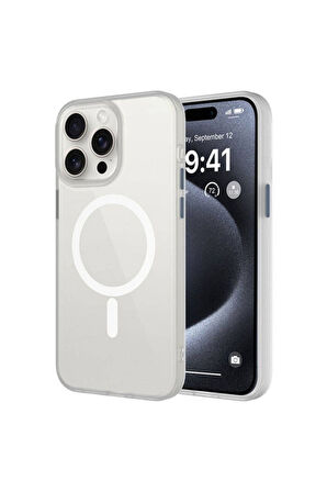 Apple iPhone 15 Pro Max Uyumlu Kılıf Mat Arka Yüzey Wireless Şarj Özellikli Zore Flet Magsafe Kapak Beyaz