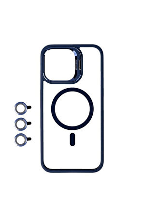 Apple iPhone 15 Pro Uyumlu Kılıf Magsafe Şarj Özellikli Standlı Zore Magsafe Klon Lensli Kapak Lacivert