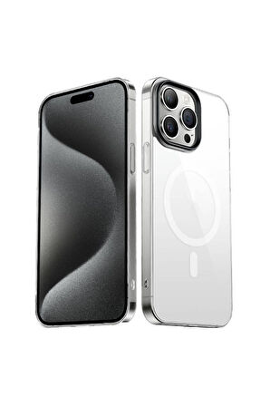 Apple iPhone 15 Pro Uyumlu Kılıf Zore Wireless Şarj Özellikli Şeffaf G-Glass Kapak Titanyum