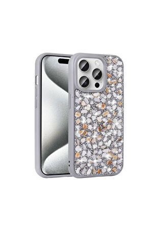 Apple iPhone 15 Pro Uyumlu Kılıf Parlak Taşlı Tasarım Zore Linea Diamond Kapak Gümüş