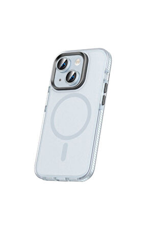 Apple iPhone 15 Plus Uyumlu Kılıf Airbagli Magsafe Wireless Şarj Özellikli Lens Koruyuculu Zore Klaptika Kapak Mavi Açık