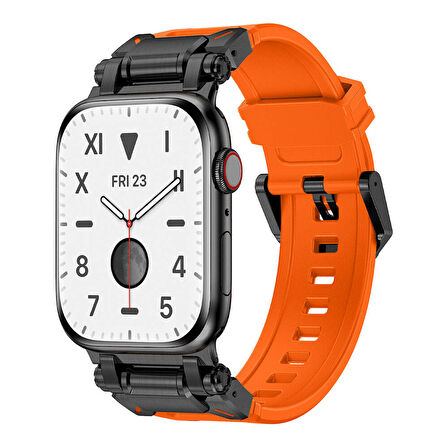Apple Watch 44mm Uyumlu Zore KRD-101 Titanyum Metal Başlıklı Silikon Kordon Siyah-Turuncu