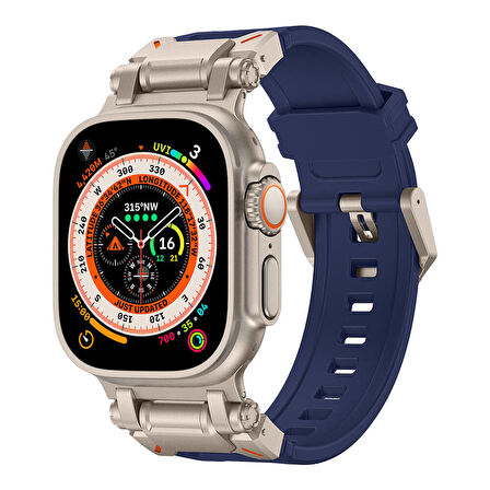 Apple Watch Ultra 49mm Uyumlu Zore KRD-101 Titanyum Metal Başlıklı Silikon Kordon Mavi-Titanyum
