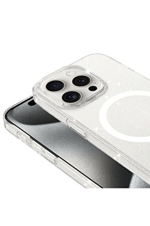 Apple iPhone 15 Pro Max Uyumlu Kılıf Zore Magsafe Şarj Özellikli Simli Şeffaf Arka Yüzey Erdos Silikon Kapak