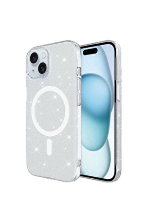 Apple iPhone 15 Uyumlu Kılıf Zore Magsafe Şarj Özellikli Simli Şeffaf Arka Yüzey Erdos Silikon Kapak