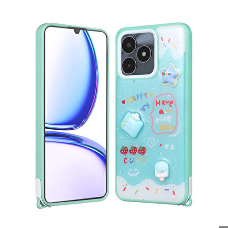 Realme C53 4G Uyumlu Kılıf Parlayan Simli Kabartma Figürlü Zore Cevze Kapak Yeşil
