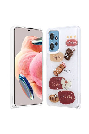 Xiaomi Redmi Note 12 4G Uyumlu Kılıf Parlayan Simli Kabartma Figürlü Zore Cevze Kapak Beyaz